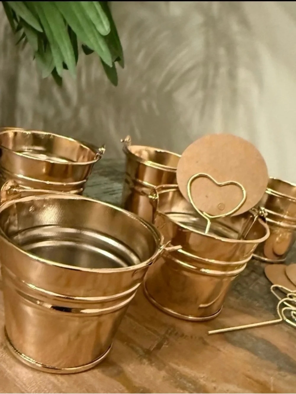 Set of 5 Gold Metal Bucket Favors with 5 Tags.